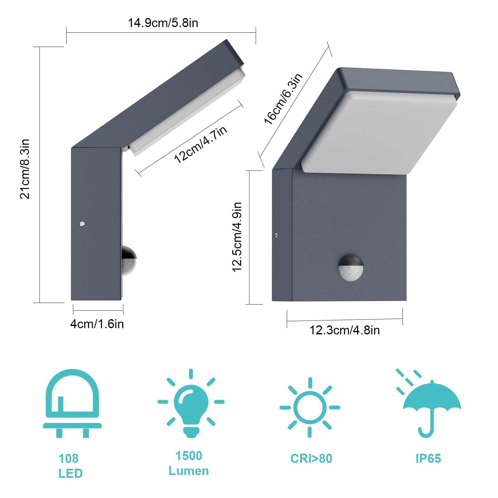 Klighten Außenwandleuchte Led mit Bewegungsmelder, 24W Außenlampe IP65 Wasserdicht Wandleuchte Innen Außen Wandlampe, Aussenleuchte für Garten Terrasse Eingang, Anthrazit, Warmweiß 3000K