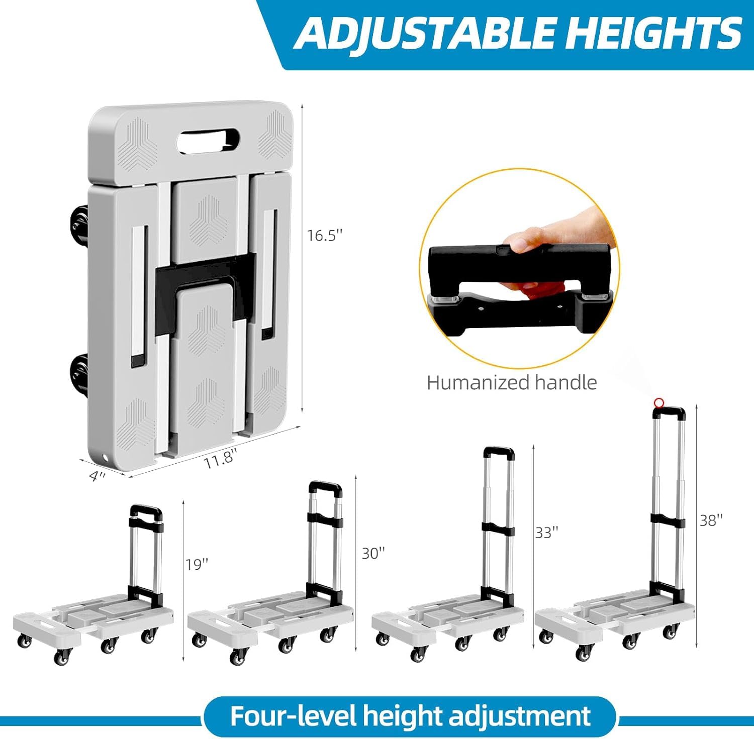 Carretilla de mano plegable, carrito resistente de 6 ruedas, capacidad de 500 libras, mango y base ajustables, plataforma portátil para mudanzas, oficina y viajes, incluye 2 cuerdas y bolsa de