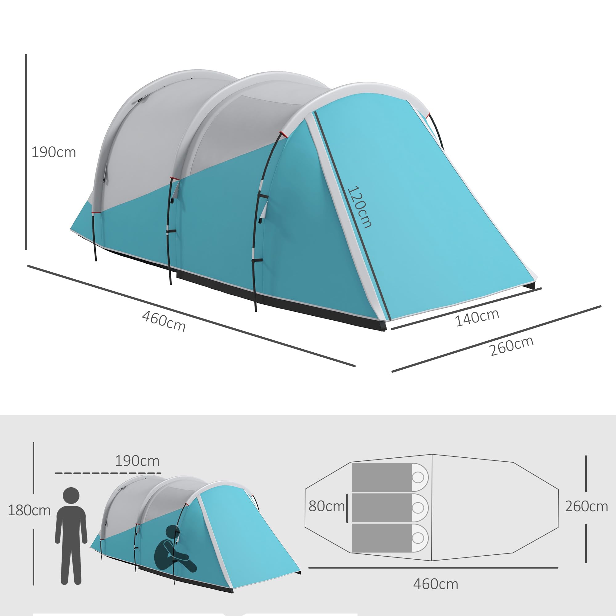 Outsunny Tente de Camping familiale 4-5 Personnes, Tente Tunnel imperméable, 2 Portes + fenêtres, ventilée, Facile à Monter, 4,6 x 2,6 x 1,9 m, Bleu