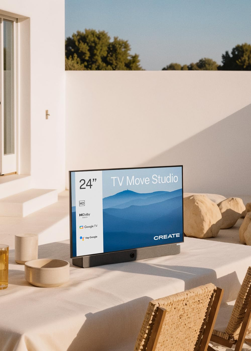 CREATE / TV Move Studio/Televisor Smart TV 24' portátil/con batería hasta 3h, Pantalla antirreflejos, Control por Voz, Alta definición, Dolby Audio, Bluetooth 5.1, Google TV