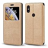 Shantime Xiaomi Mi Mix 3 Hülle, Holzmaserung Lederhülle mit Kartenhalter & Fenster, Magnetische Flip Cover für Xiaomi Mi Mix 3 (Gold)