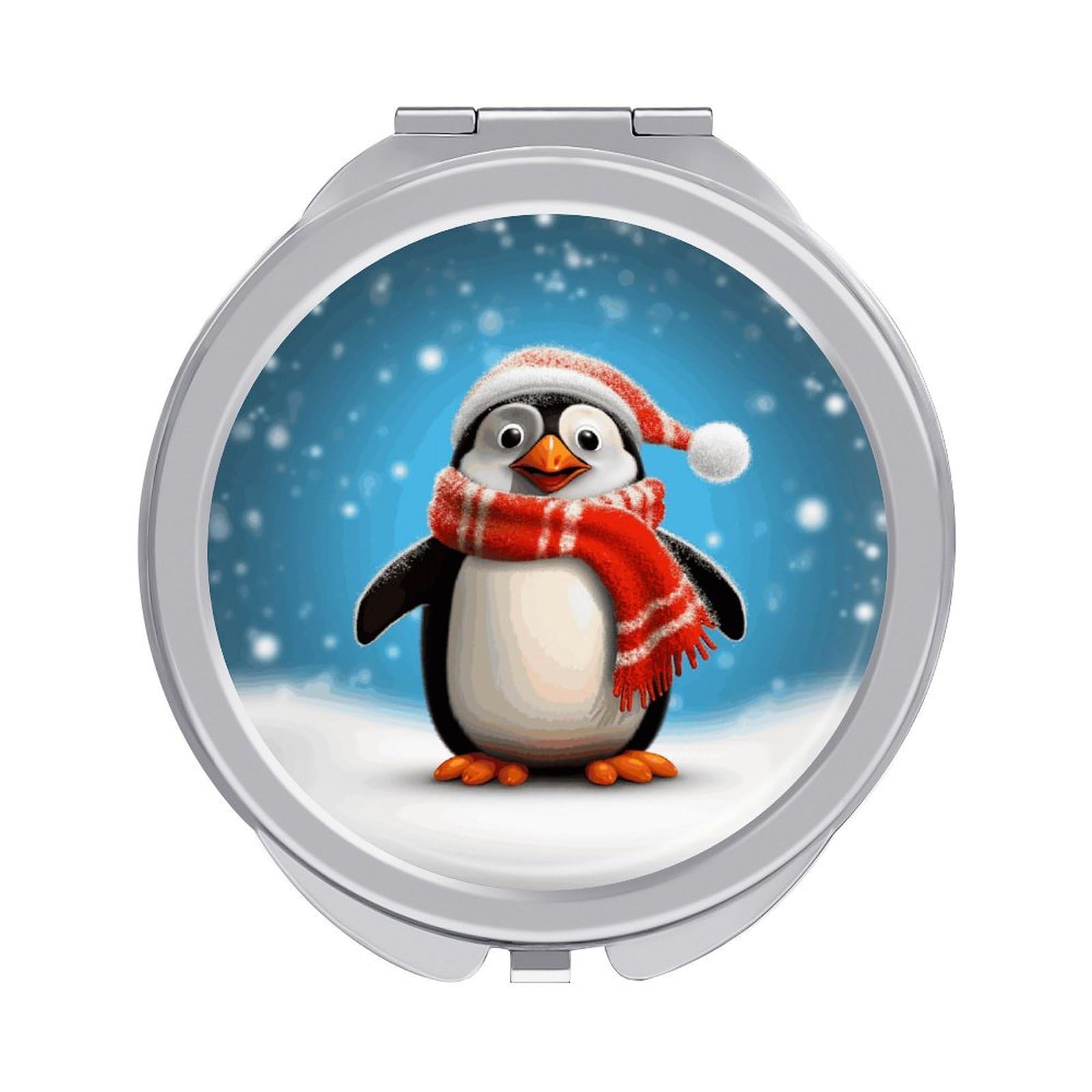 JTREHY Christmas Funny Penguin Makeup Mirror Portable Folding Mirror Compact Travel Mirrors 2-Sided Round Pocket Mirrors Cute Handheld Beauty Mirror for Handbag Purse for Women Gift