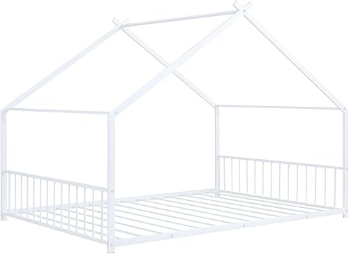 Miniatura 94 de Cama de casa de tamaño individual con diseño de valla y techo, marco de cama de metal, marco de cama de piso doble, base de cama Montessori de Color