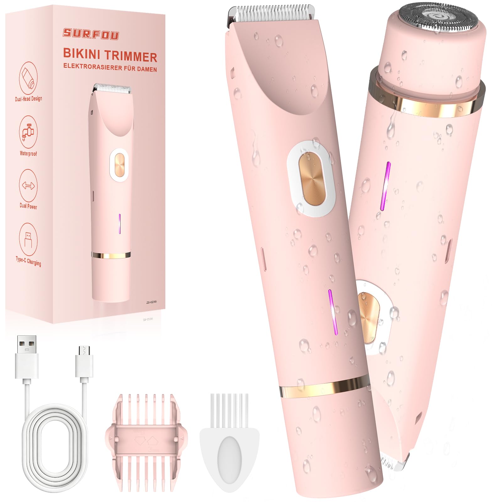 SURFOU Lady Shavers for Women, 2-in-1 Electric Bikini Trimmer and Facial Hair Remover, Cordless, Wet & Dry, USB-C Rechargeable, Dual Head, for Legs, Underarms & Sensitive Areas, IPX7 Waterproof