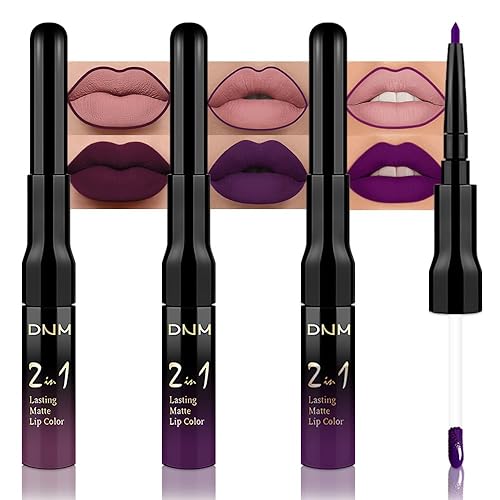 Juego de 3 delineadores de labios 2 en 1, color rojo burdeos, negro y morado oscuro, mate y lápiz labial líquido, de larga duración, a prueba de