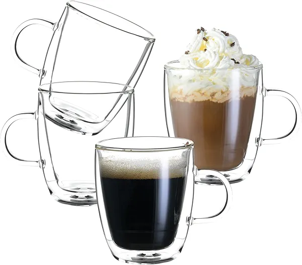 Double Wall Insulated Glass Coffee Mugs set of 4-13.5 oz Clear Hand Blown Glass Coffee Cups with Handle for Cappuccino, Latte,Espresso,Tea Bags,Americano,Beverages,Gifts for Dad 13.5oz 4Pcs
