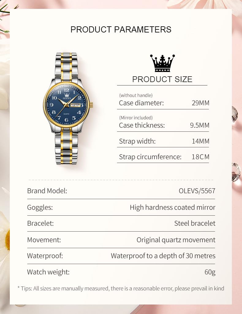 OLEVS - Reloj de mujer con fecha y día, reloj de mujer con acero inoxidable dorado plateado, elegante para reloj de pulsera pequeño (blanco/negro/azul/cara dorada)