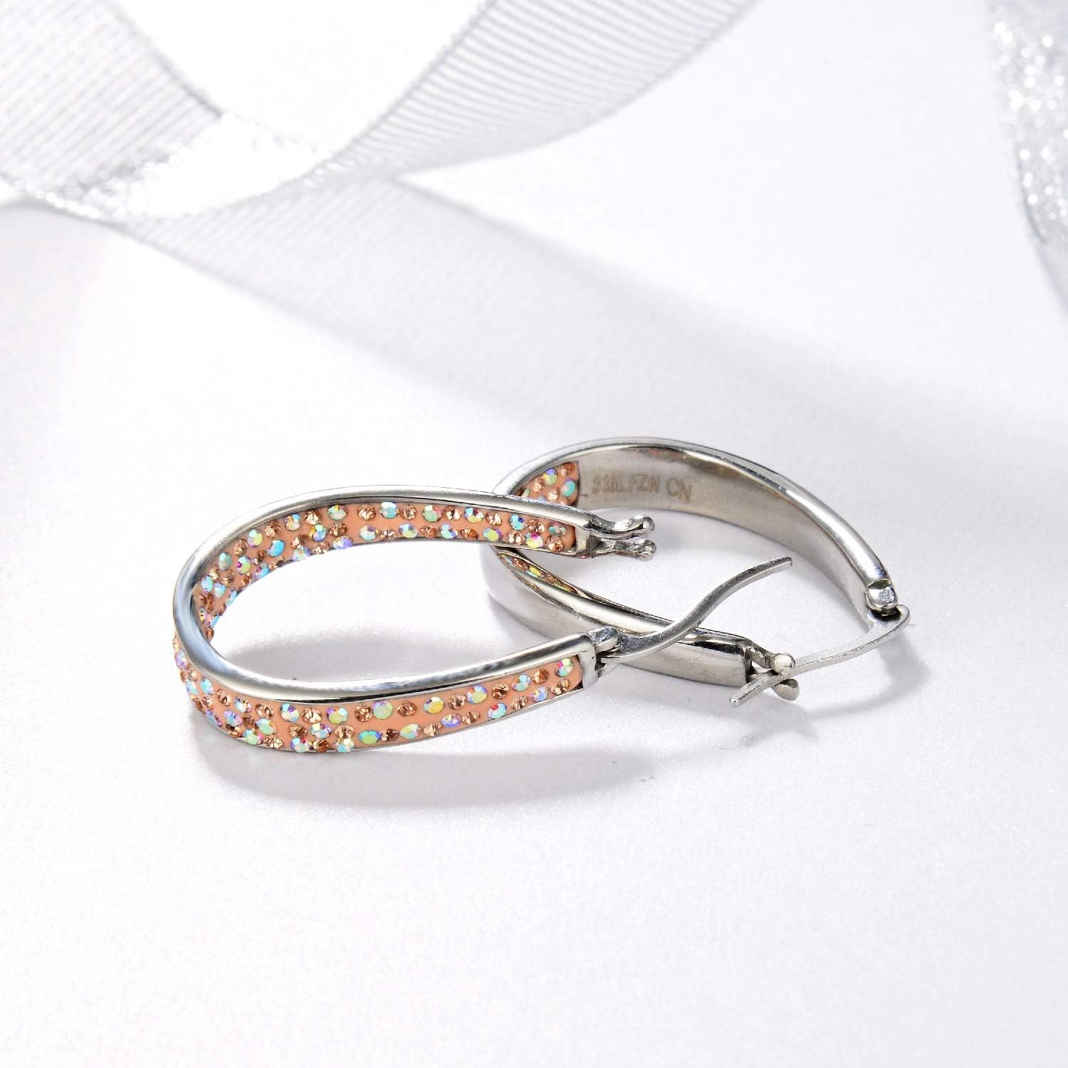 Crystal Hoop Earrings - Silver Plated Inside Out Oval Shape Hoop Earrings for Women, 1.2 Inch - Image 4