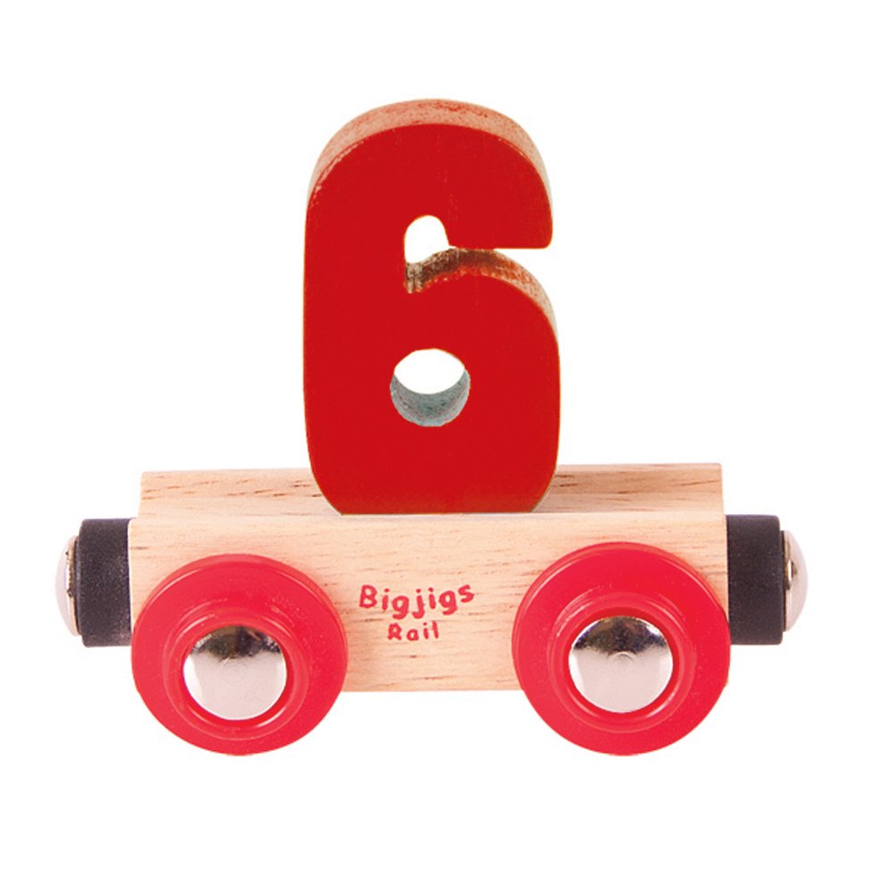 Bigjigs Rail Wooden Rail Name Number 6 (Dark Red) Personalised Wood Railway Carriage