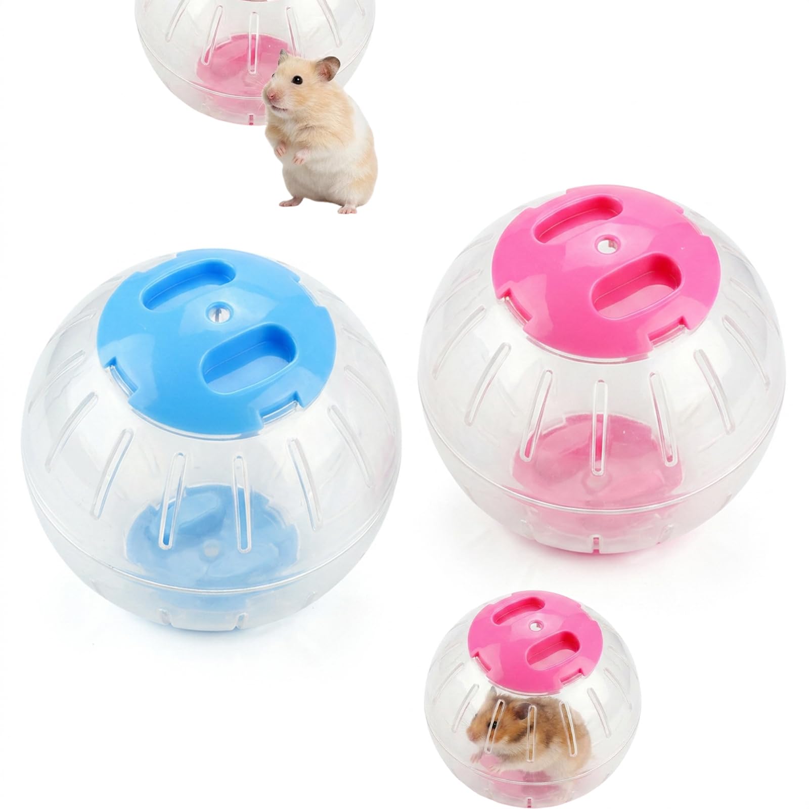 2Pcs Hamster Ball Set, Transparent Small Animal Exercise Wheel with Ventilation Holes and Secure Snap Lock, Running Toy for Pet Cage Cleaning and Playtime