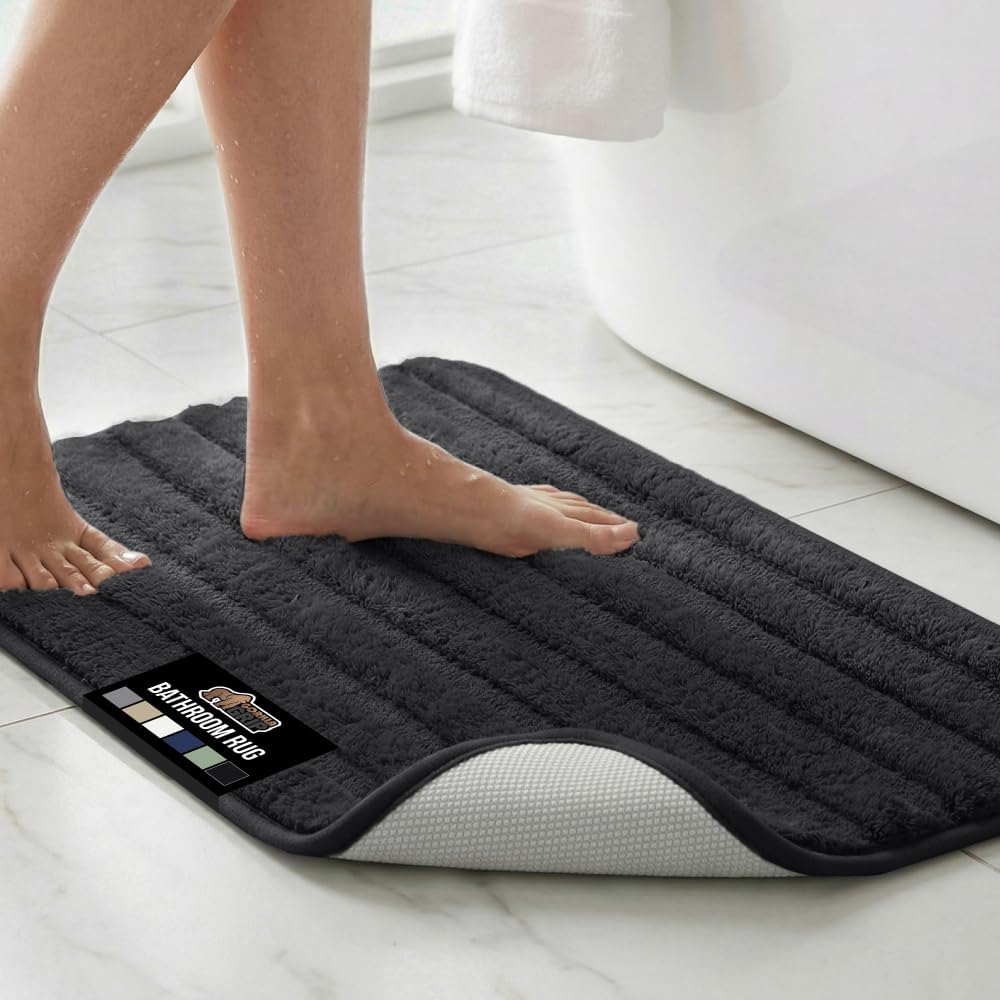 Textured Backing Bathroom Rugs, Soft Memory Foam Absorbent Striped Bath Mats, Machine Washable & Fade Resistant, Bathmat Accessories for Floor, Home Decor Shower Essentials, Black 24x16