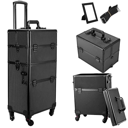 MTFY - Carro de maquillaje con ruedas 3 en 1 de aluminio profesional para trenes rodantes organizador de carros de cosméticos con 4 ruedas de 360