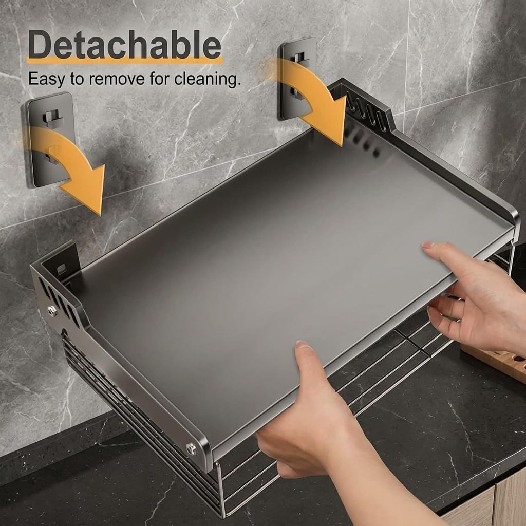 QWORK® Soporte microondas pared, 2 niveles estanteria microondas metal de, 55x35x11 cm soporte microondas con cesta de almacenamiento