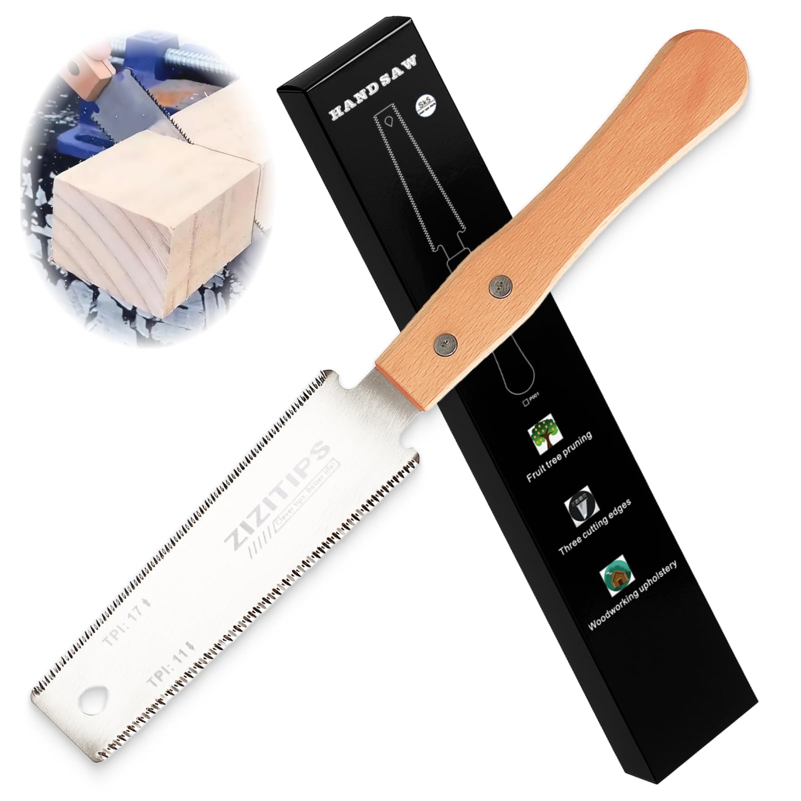 Sega a Mano Giapponese Piccola per Legno da Taglio Fine, Doppia Lama 11/17 TPI Acciaio SK5 Manico Legno Faggio Precisione Fai da Te Carpenteria Outdoor Astsäge Utensile