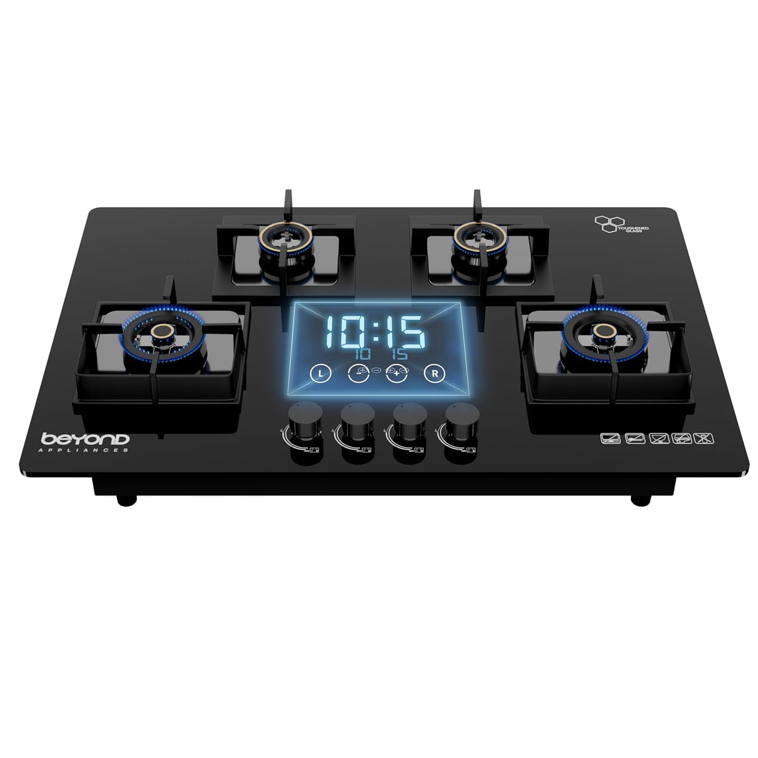 Beyond Appliances Dorado 4 Burner Smart Glass Hobtop Gas Stove | Auto Ignition | Digital Timer | Flame Failure Device | Toughened Glass | LPG & PNG Compatible