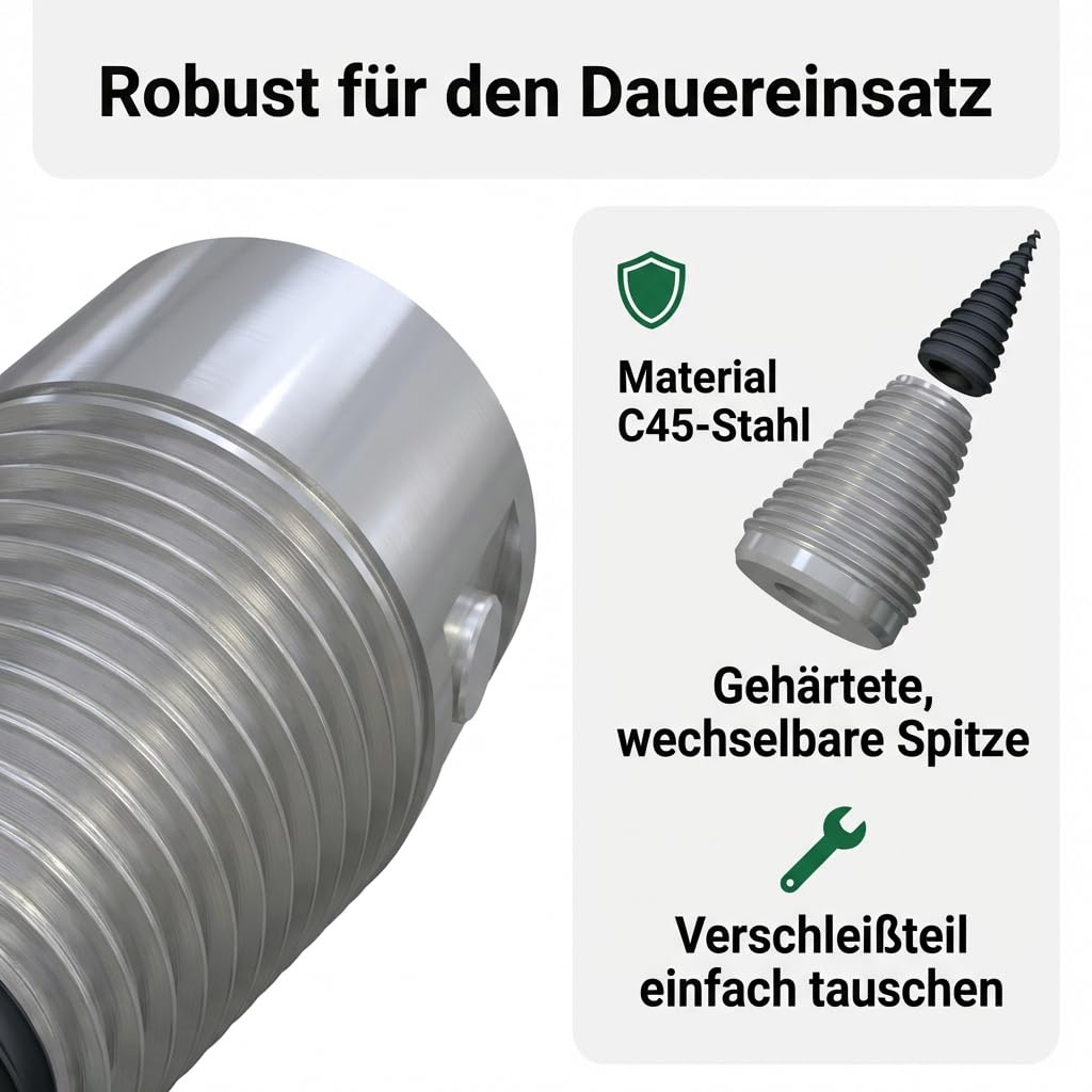 Holzspalter Drillkegel Ø120mm für 3T Rotator, Aufnahme 49,5–50mm, Linksgewinde 6mm Steigung, ca. 300mm Länge, C45 Stahl, wechselbare gehärtete Spitze, Querbohrung für 25mm Sicherungsbolzen
