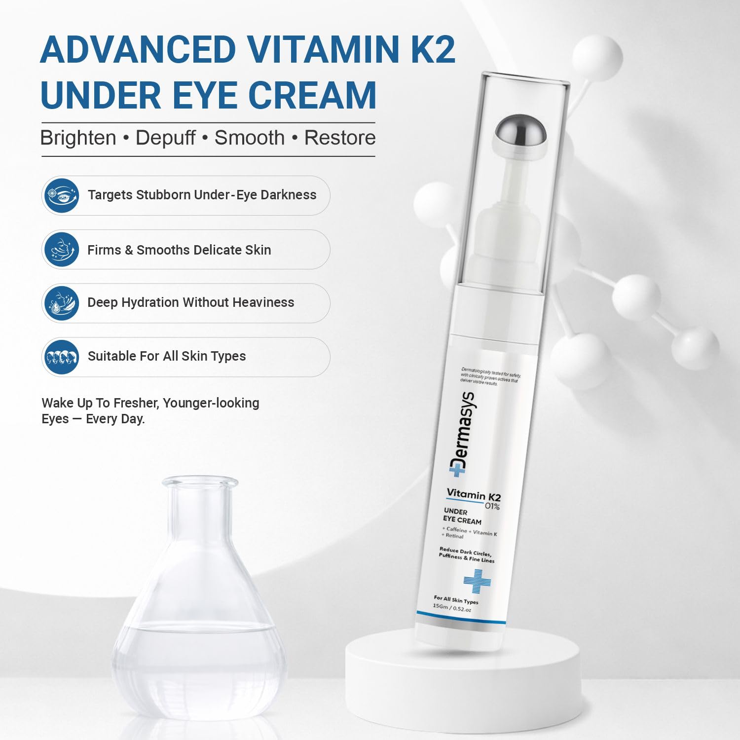 Vitamin K2 1% Under Eye Cream with Caffeine & Retinal | Reduces Dark Circles, Puffiness & Fine Lines | Cooling Metal Roller Applicator | Under Eye Cream For Men & Women | 15 g — Amazon image 2