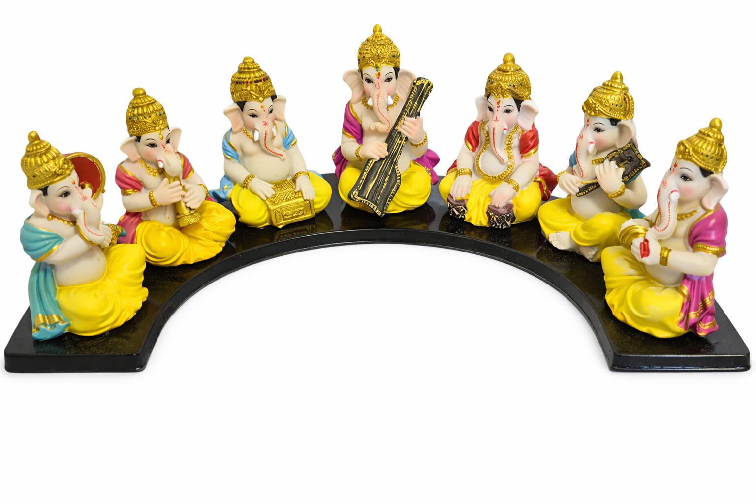 C&S Homestore Multicolor 7 X Ganesh Ji Resin Figurines On Bench Lord Ganesha Decorative Statue Set Hindu God Idols For Ganesh Chaturthi And House Warming Indian Pooja Home Mandir Living Room Meditation And Spiritual Décor