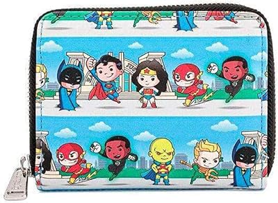 Loungefly DC Superheroes Chibi Lineup Faux Leather Zip Around Wallet, Cute Wallets Fashion Accessories, 5.5 Inches