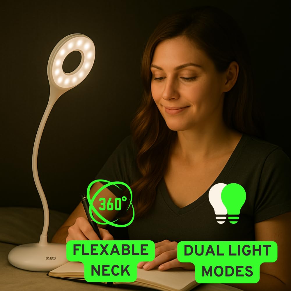 Terapia de luz verde para aliviar la migraña, la ansiedad y el insomnio, lámpara de escritorio inalámbrica de 16 pulgadas, doble blanco y LED de 520 nm con brillo ajustable, recargable por USB y ayuda