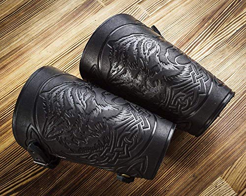 Hand Made Full Grain Leather Wolf Design Cuffs Bracers - Best Unique Christmas Gift for Men Larp Gauntlet - Leather Wristbands - LARP Accessories - Viking Bracers - Archery Armguard - Length 6"