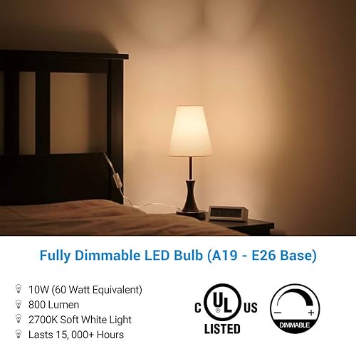Miniatura 2 de DEWENWILS Paquete de 8 bombillas LED A19 regulables, luz blanca suave con brillo cálido, 800 lúmenes, 2700 K, 10 W (equivalente a 60 vatios), base