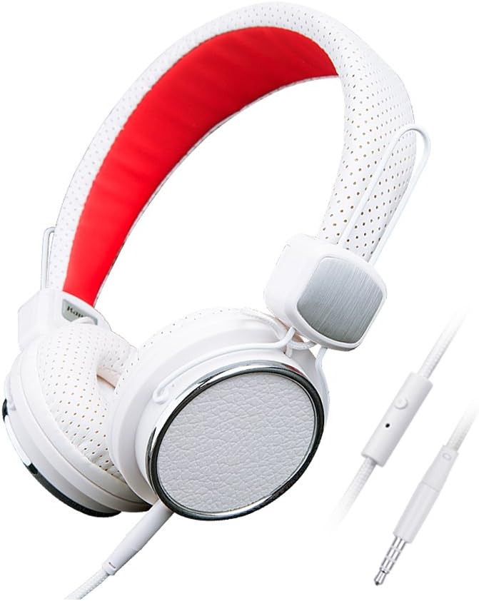 Intone 850 Lightweight Folding 3.5mm Stereo Headphones On-Ear Headset Detachable Cable With Build-In Microphone,Control Button Leather Earpad For Smartphones,Laptop,Tablet,MP3/MP4,PC Earphones (White/Red)