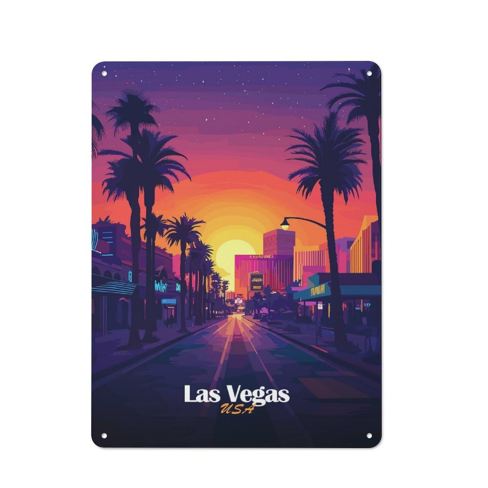 Junmoney Style-3 Creative Las Vegas Sunset Cityscape Tin Sign 40X30cm, Study Room Decor For Workspace, Cafe, Shop Or Desk Area
