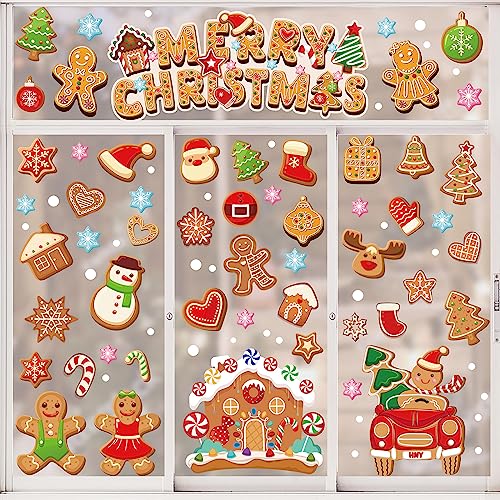 AnyDesign 9 Sheet Christmas Window Clings - Gingerbread Man Candy House Truck Decals - Double-Sided Merry Christmas Window Decor for Home, School, Office & Party Supplies