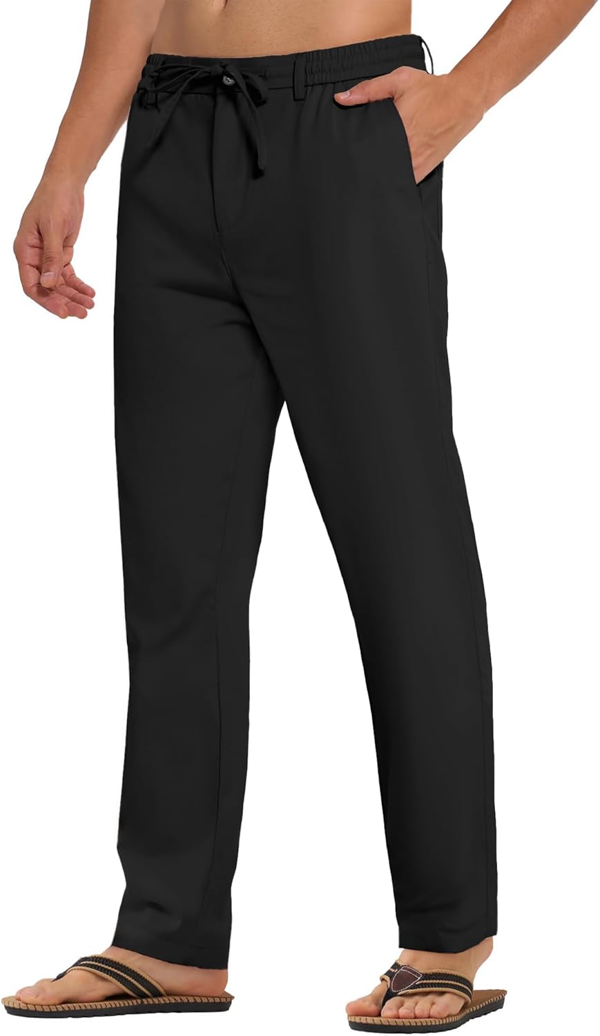 PLEPAN Mens Linen Pants Elastic Waist Drawstring Casual Linen Dress Pants Summer Beach Lightweight Trousers