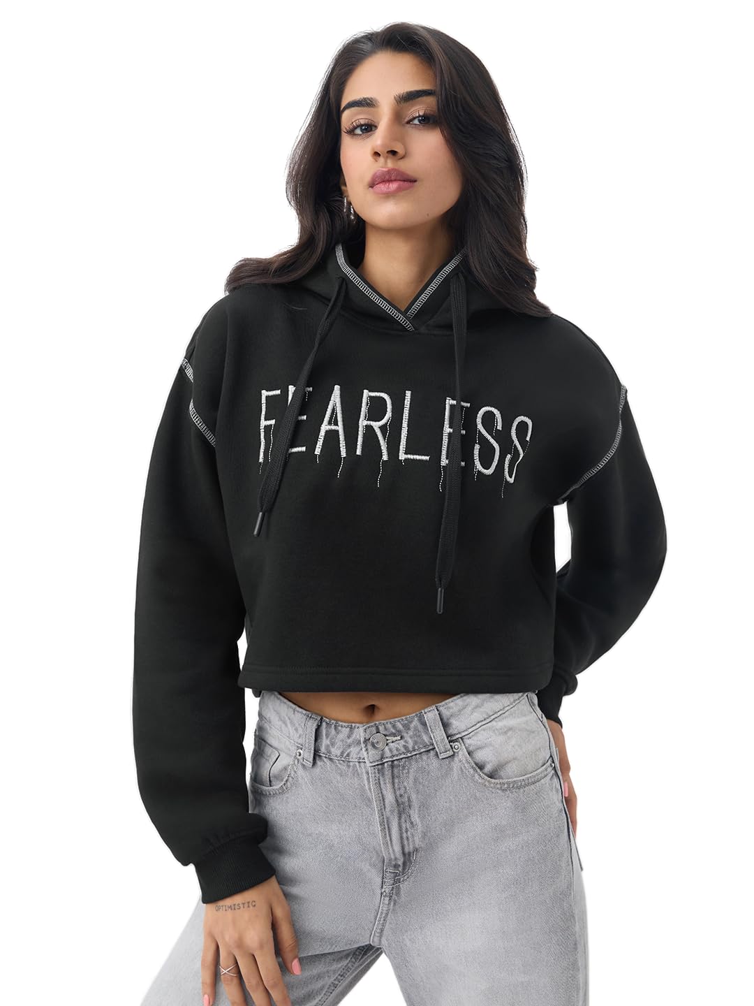 the souled store The Souled Store: Fearless Women and Girls Long Sleeves Hooded Neck Black Embroidered Cotton Blend Premium Heavy Fleece Cropped Oversized Hoodie-picture-32