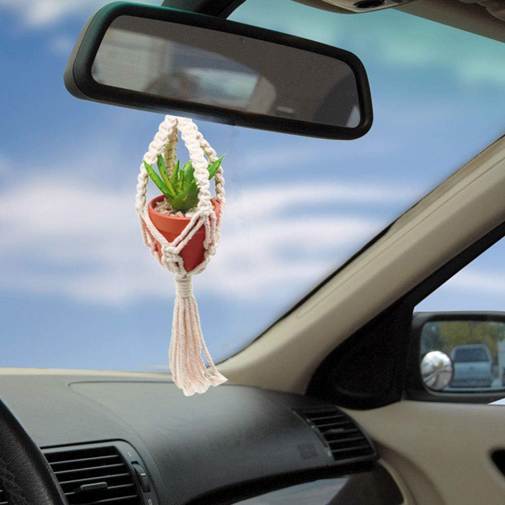 Mkono Mini Macrame Plant Car Accessories Rear View Mirror