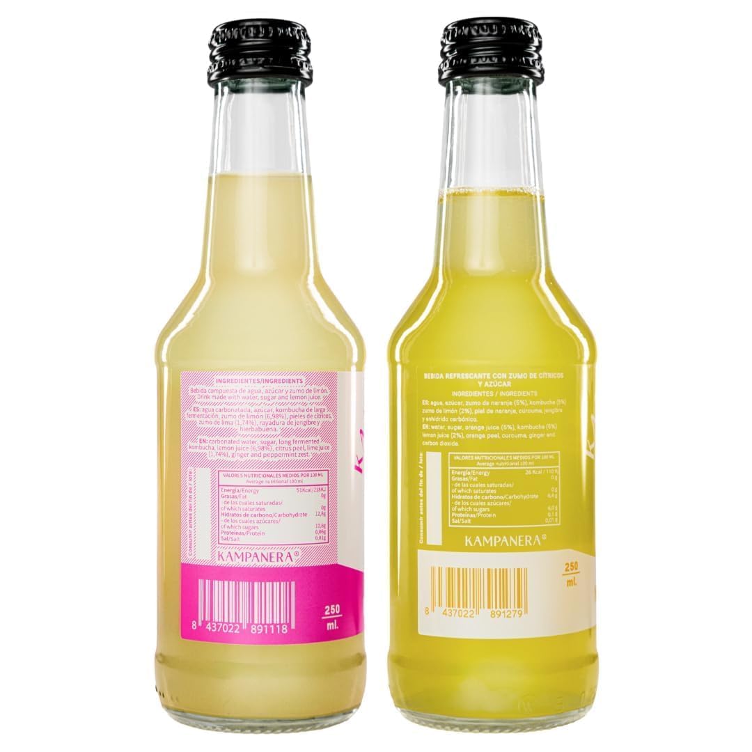 Kampanera - Pack Boissons Artisanales - 12 Bouteilles de 250 ml - Limonade et Orangeade - Kombucha - Avec Gaz Ajouté - 100% Naturel - Sans Sucres Ajoutés