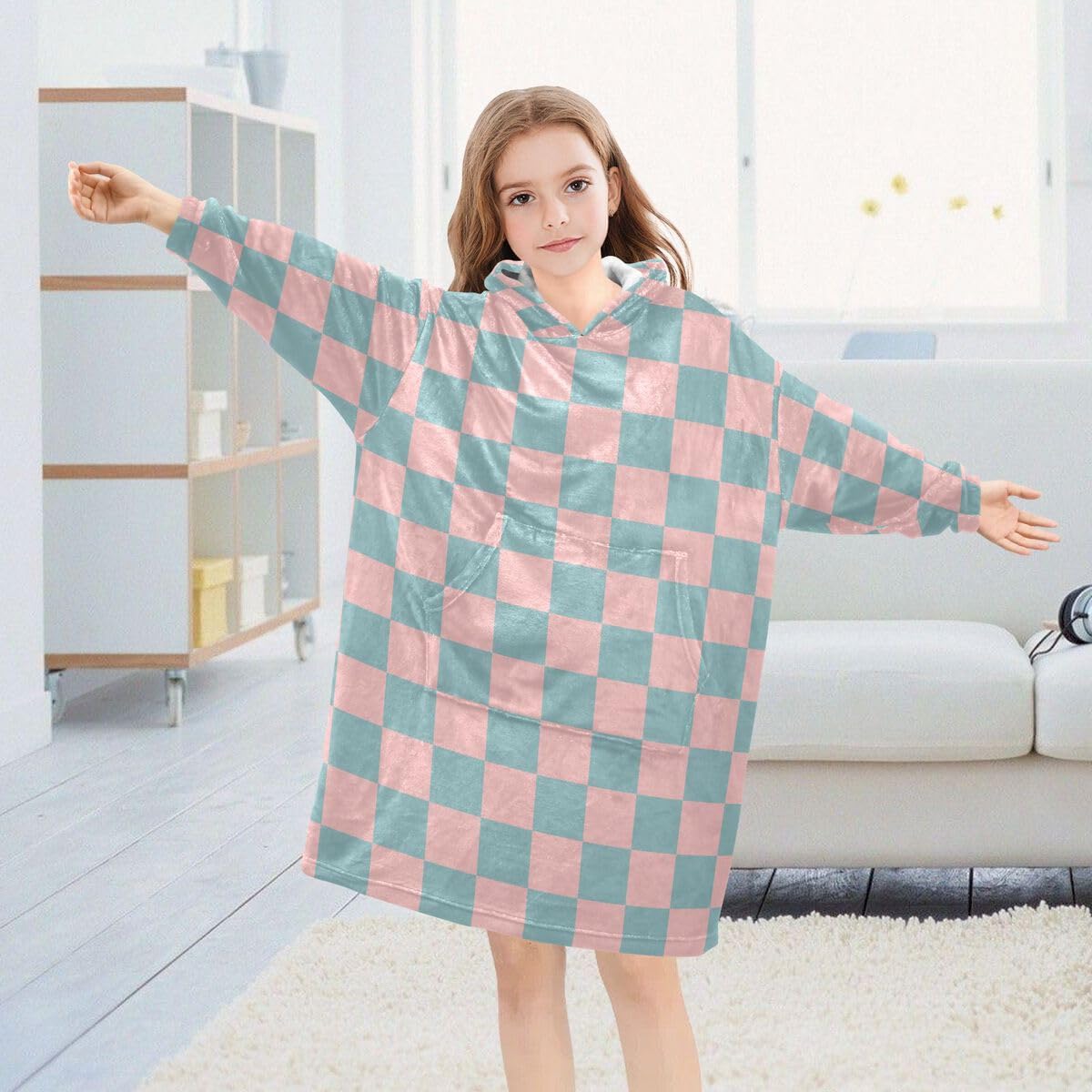 Dziecięcy koc w kratkę retro bluza z kapturem oversize bluza koc sweter niebieski różowy dla chłopców i dziewcząt w wieku 3-14 lat