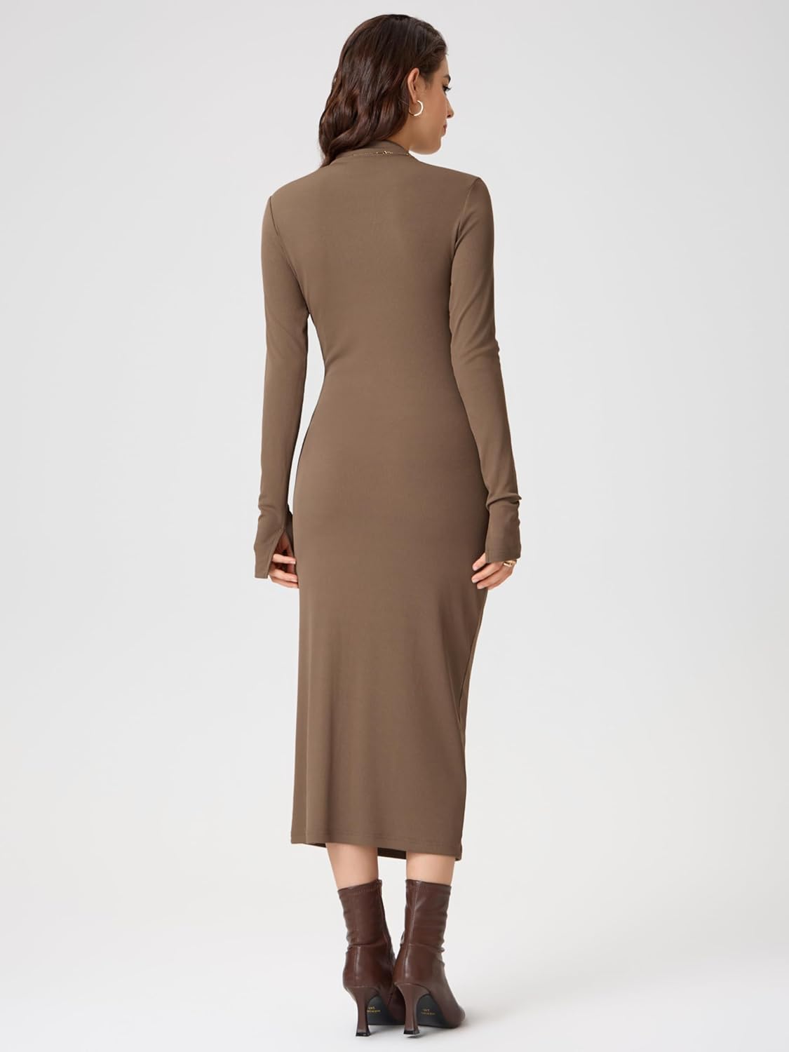 CIDER Long Sleeve Dress for Women High Neck Ribbed Knit Bodycon Ruched Midi Dress Cocktail Party Sweater Solid Dress - Image 6