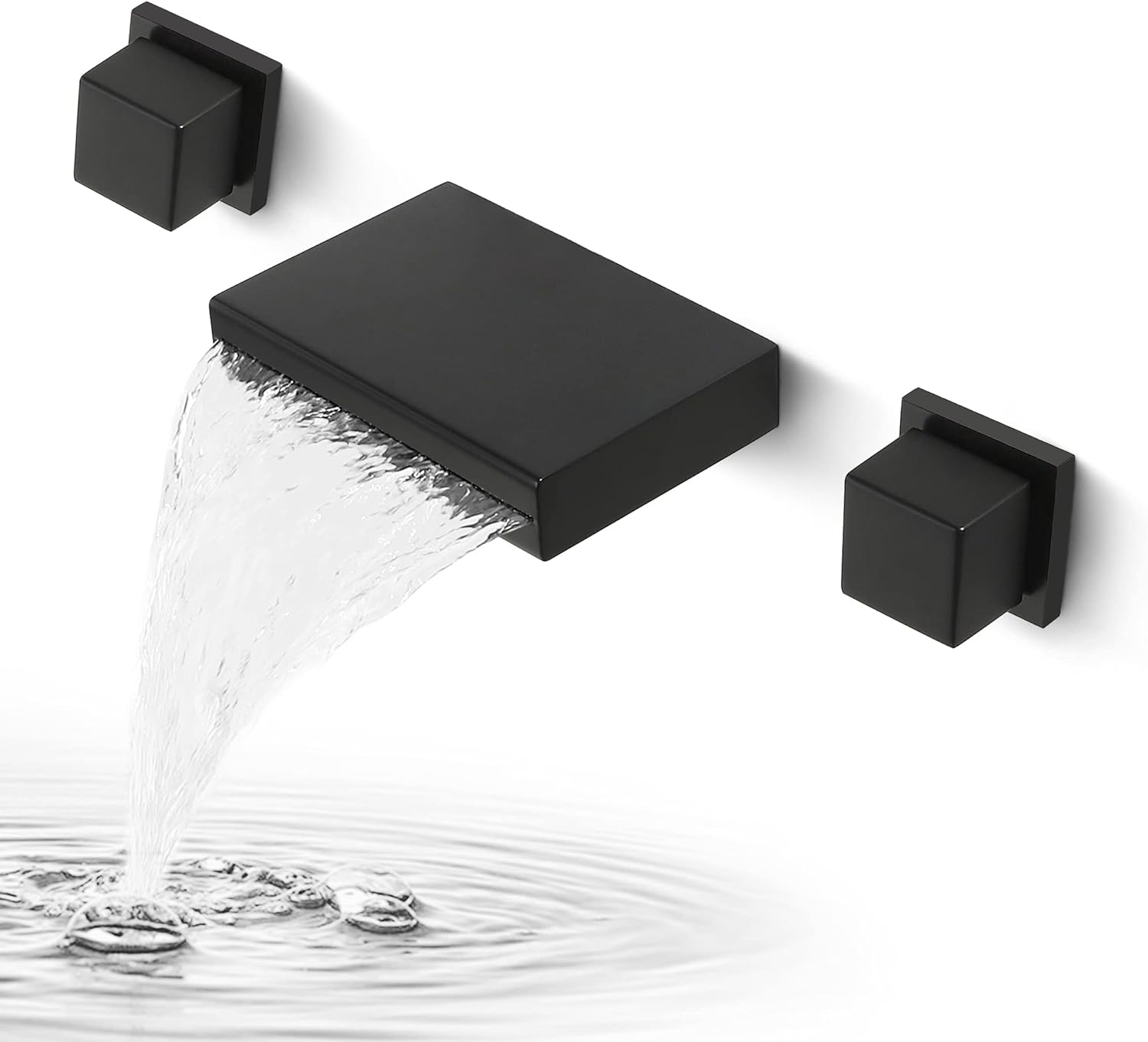 SKOWLL Grifo de baño en cascada montado en la pared, grifo de lavabo negro mate con doble mango de 3 agujeros, grifos modernos de 8 pulgadas central