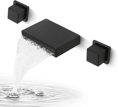SKOWLL Grifo de baño en cascada montado en la pared, grifo de lavabo negro mate con doble mango de 3 agujeros, grifos modernos de 8 pulgadas central