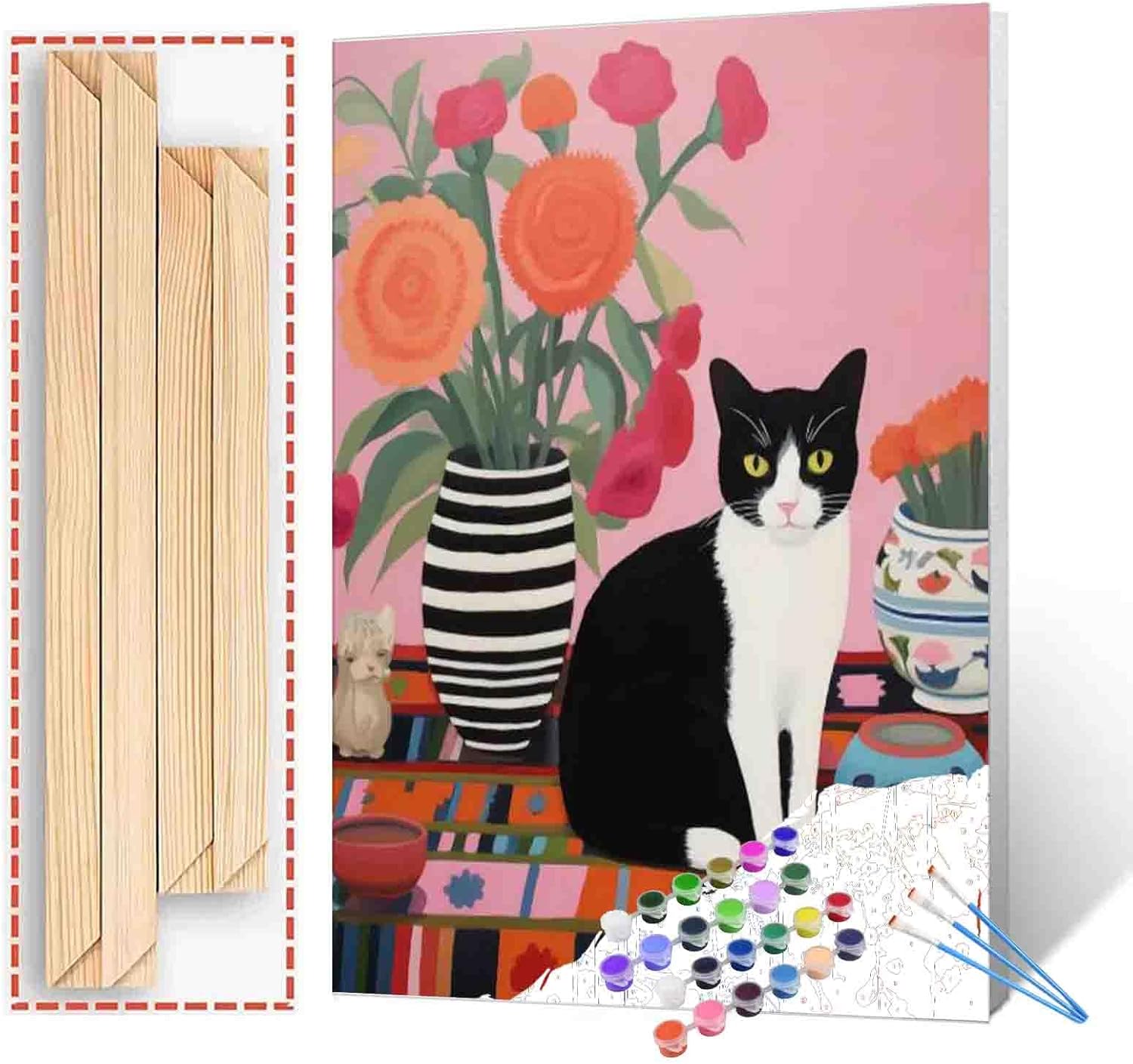 Serious Black and White Cat on Colorful Rug DIY Paint by Numbers for Adults Bright Flower DIY Oil Painting Acrylic Art Decorative Painting Kit Canvas with Acrylic Paints 16x20 Inch?DIY Frame ? 16''x20''(DIY Frame) Black Cat Vase 07