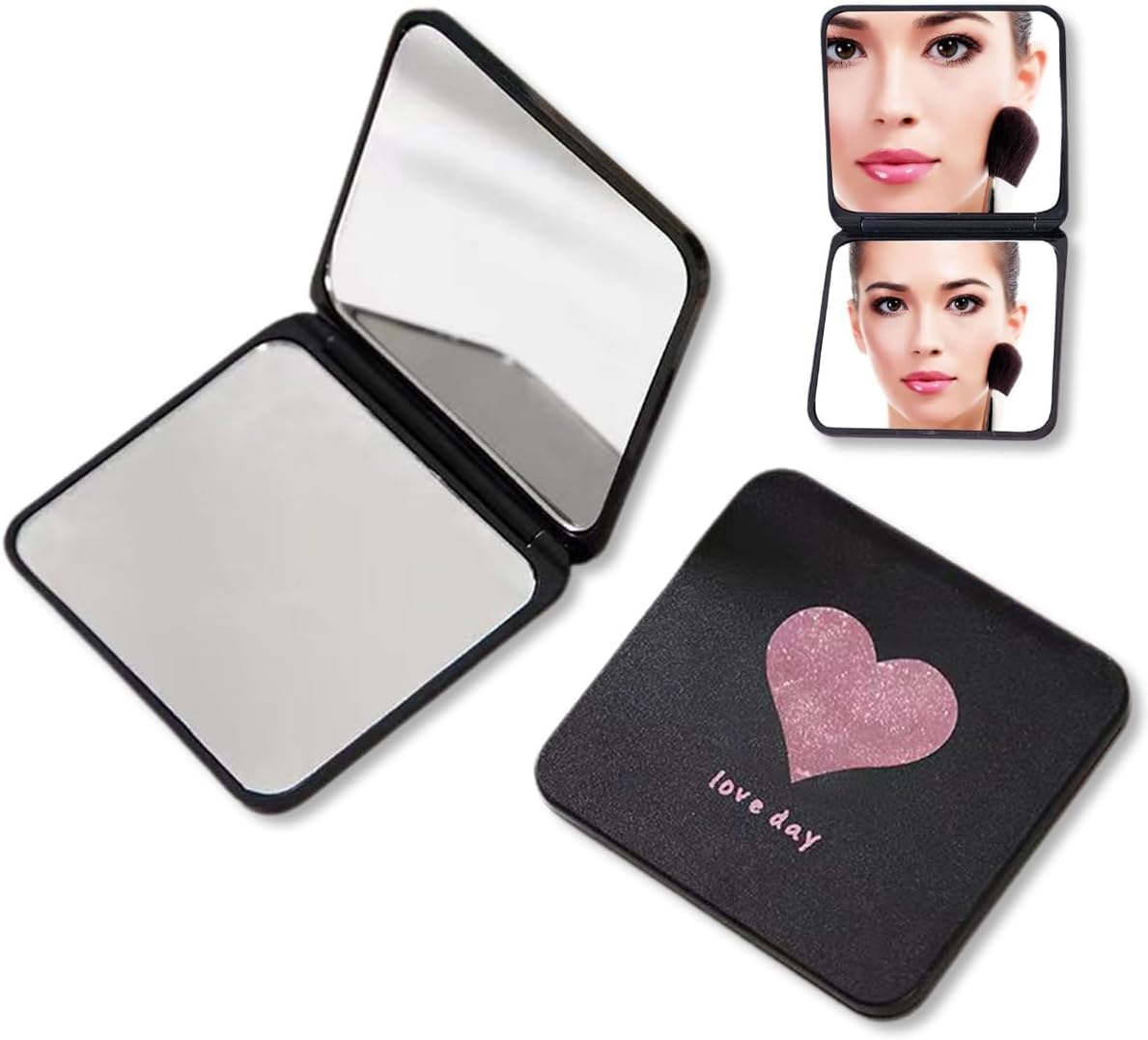 Potency Magnifying Compact Cosmetic Mirror, Folding Makeup Hand held Pocket Vanity Mirrors,Small Compact Mirror 2 x 1 Magnification,Perfect for Purses and Travel (Black-Heart)