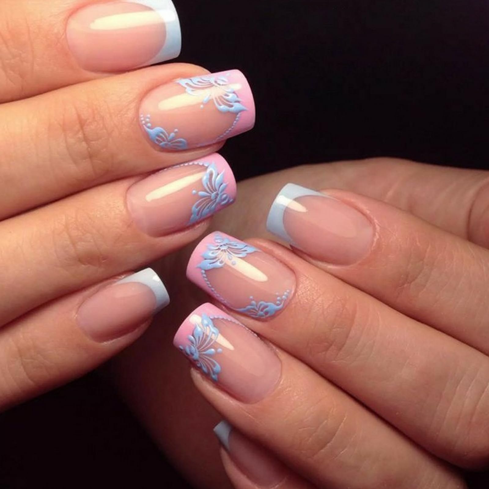 Flower Press on Nails Short Square MABKJLF Blue Pink French Tip Fake Nails False Nails with Floral Designs Full Cover Glossy Glue on Nails Summer