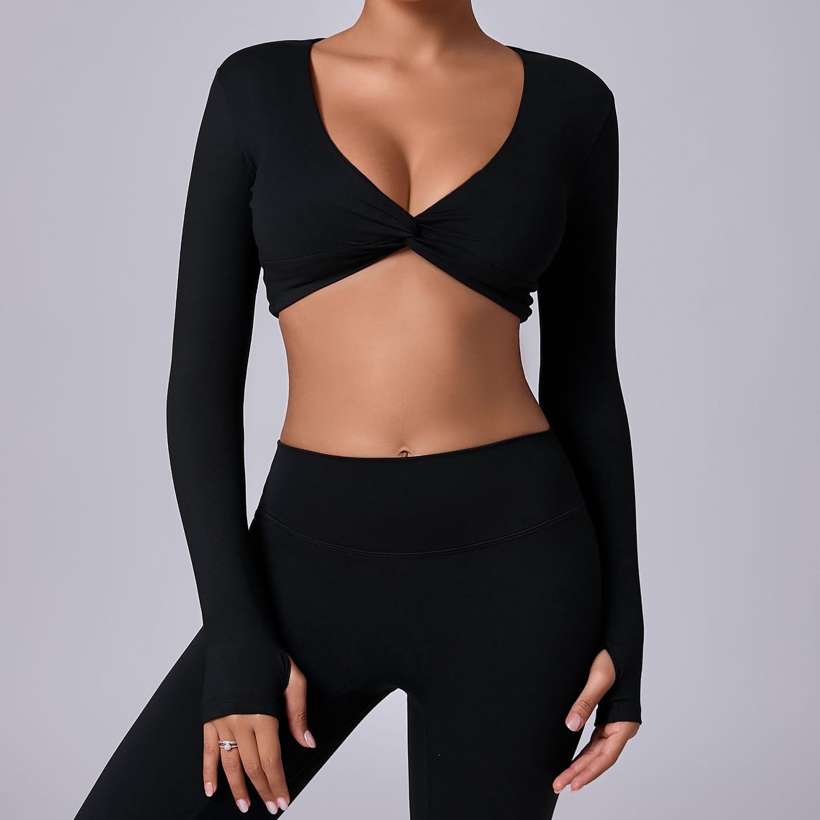 Camiseta de entrenamiento de manga larga para mujer, cuello en V profundo, recortada, para yoga, pilates, gimnasio