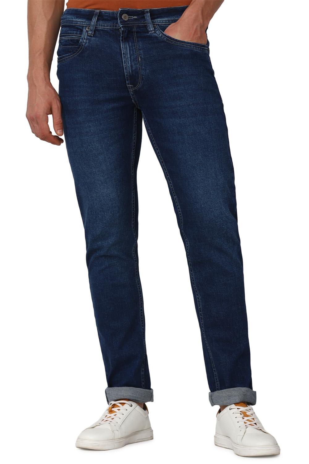 Peter EnglandMen's Tapered Fit Mid Rise Classic Tape Stretchable Twill Jeans