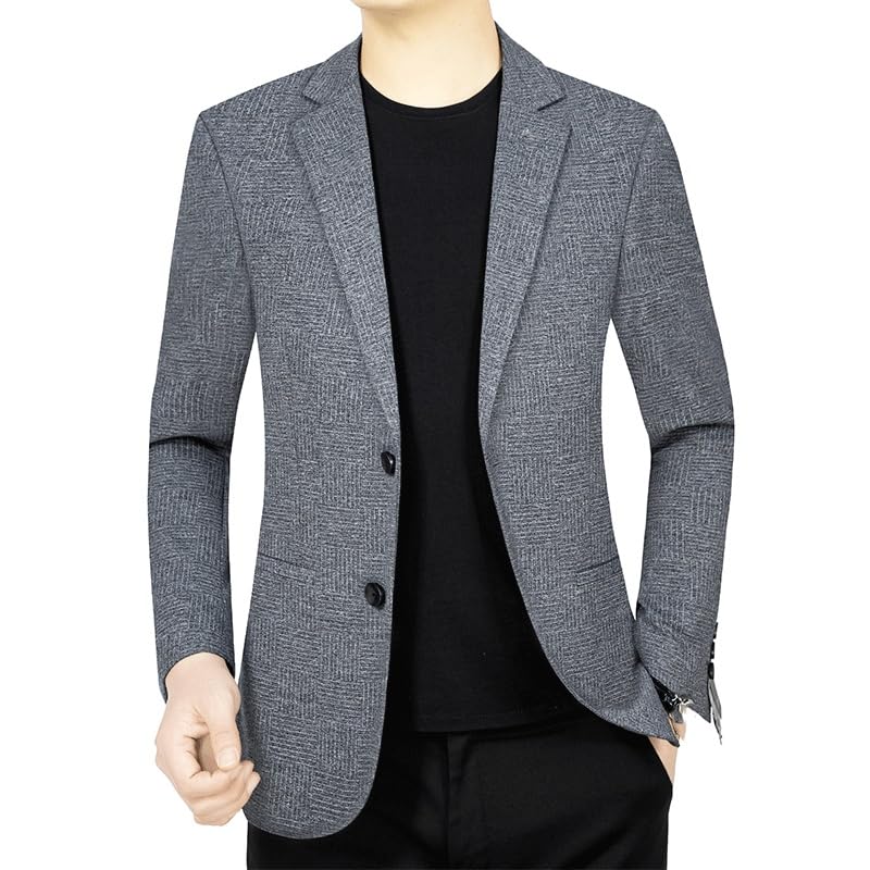 Men's Gray Herringbone Casual Knit Blazers Slim Fit Lightweight Sport Coat Two Button Suit Jackets