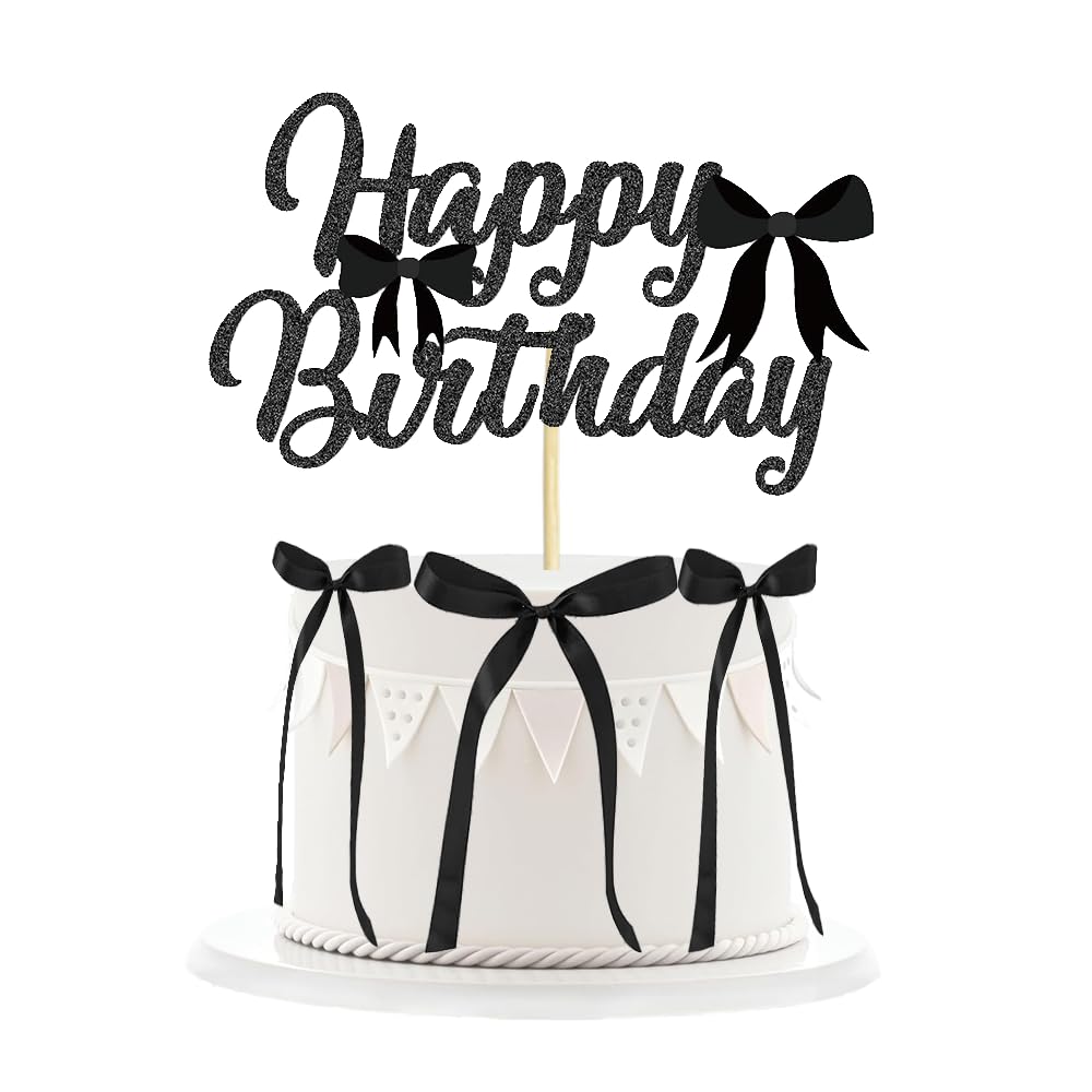 11 Pcs Black Bow Cake Toppers, Happy Birthday Sign, 10Pcs Ribbion Bow Cupcake Toppers for Black Bow Birthday Decorations, Baby Shower, Bridal Shower, Graduation Party