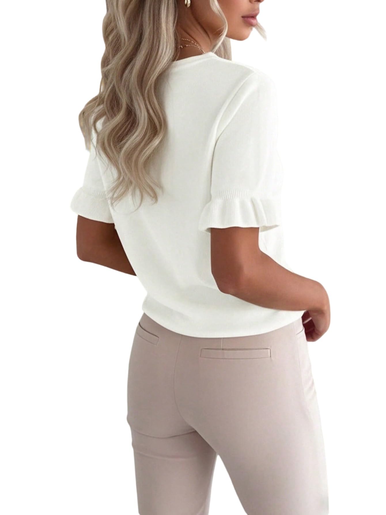 GORGLITTER Maglia da donna a costine, a maniche corte, per autunno e estate, slim fit, con maniche a balze, per il tempo libero, stile casual
