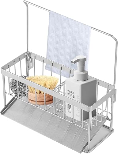 truesion Soporte de esponja para fregadero de cocina de acero inoxidable 304, soporte de esponja para fregadero con bandeja de drenaje, soporte