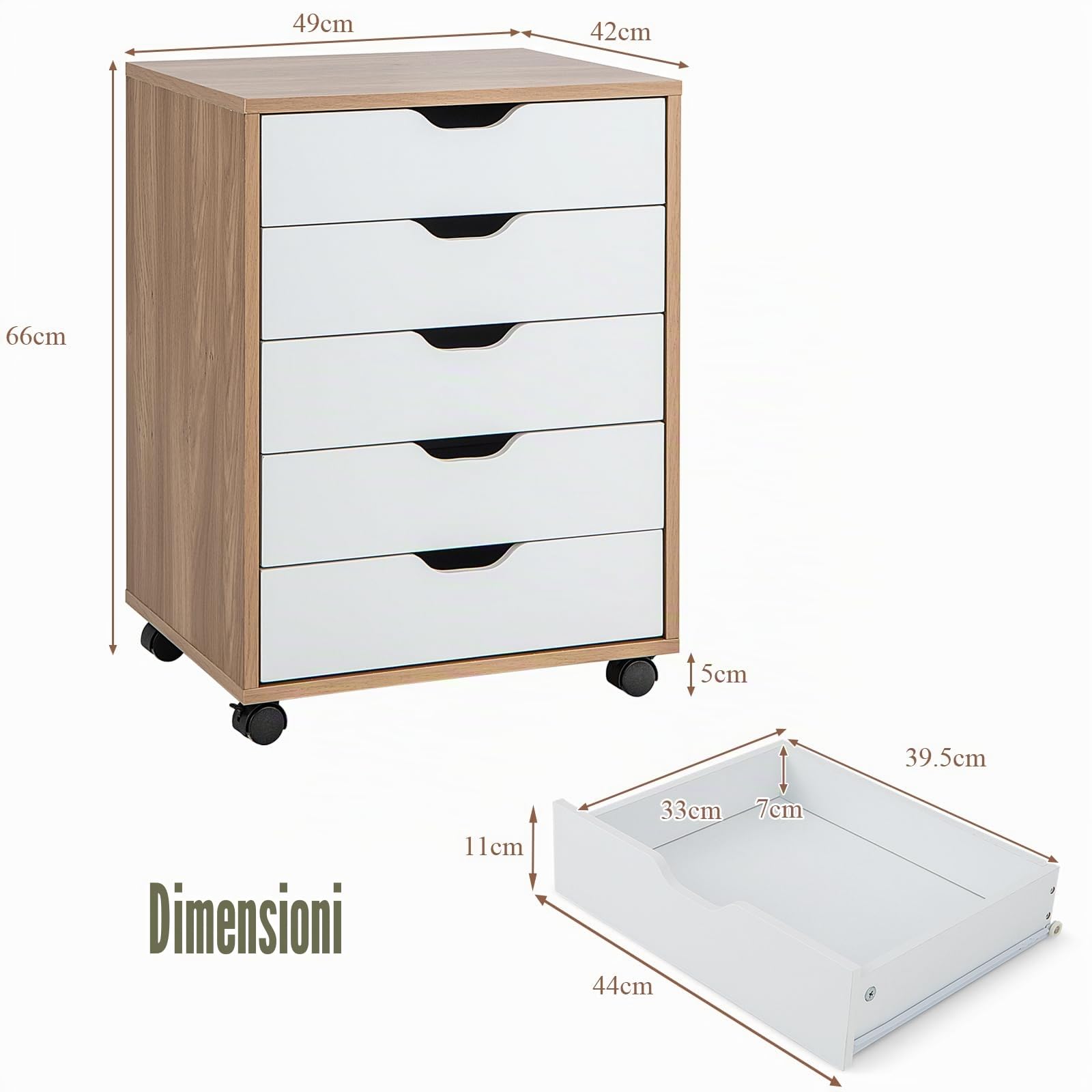 KOMFOTTEU Cassettiera Ufficio con 5 Cassetti, Cassettiera Scrivania con Ruote Universali, Schedario Portadocumenti in Legno per Soggiorno, Camera da Letto, Studio, 49 x 42 x 66 cm (Naturale)