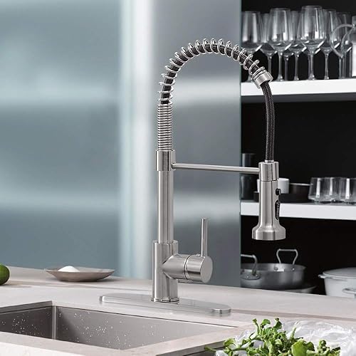 Miniatura 7 de Hoimpro - Grifo de cocina con resorte de arco alto níquel cepillado y pulverizador extraíble, grifo de fregadero de cocina con rociador extraíble