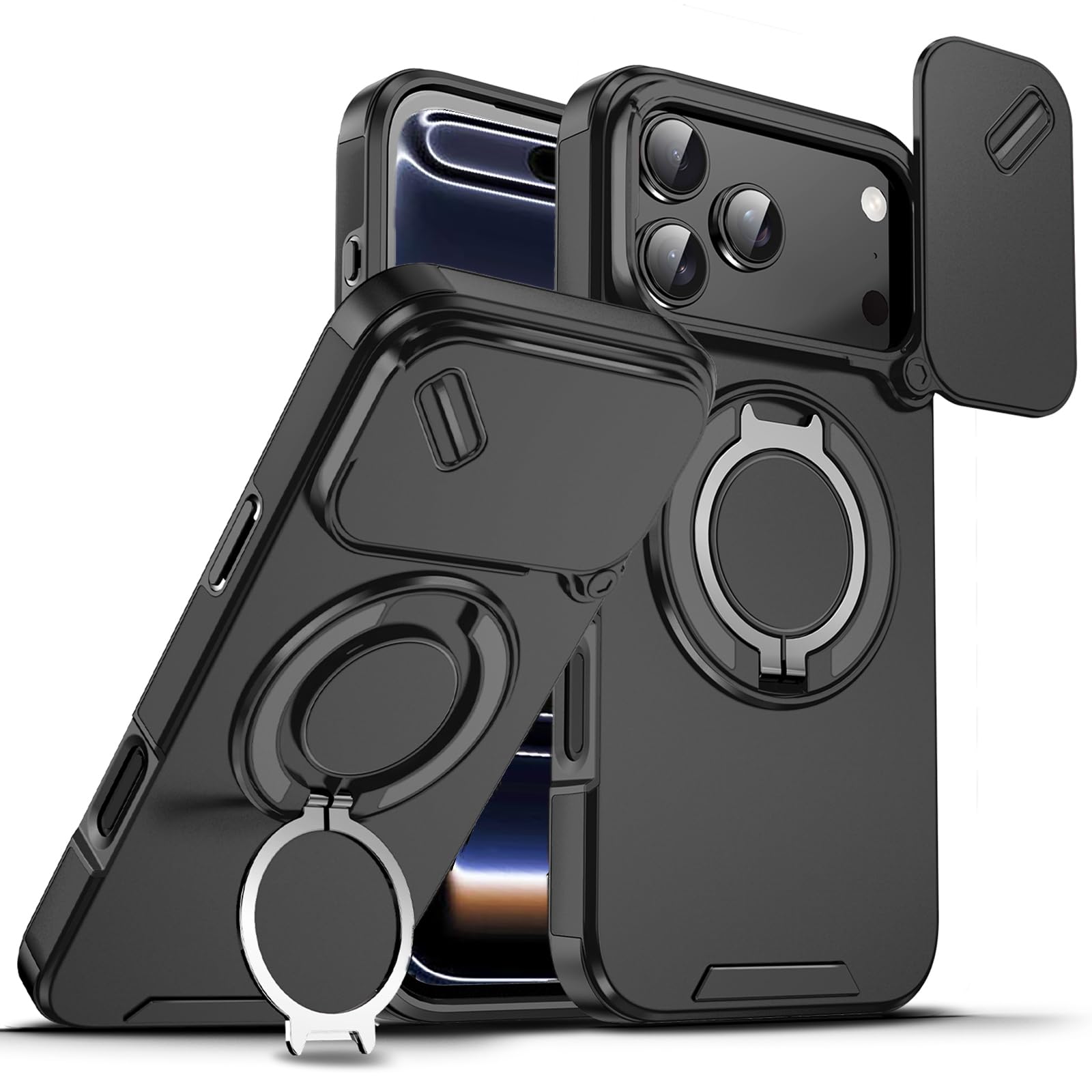 for iPhone 17 Pro Case with [Slide Camera Cover][360° Rotate Ring Stand][Military-Grade Protective]Heavy Duty Protective Shockproof Phone Case for iPhone 17 Pro Cover-Black For iPhone 17 Pro-6.3in