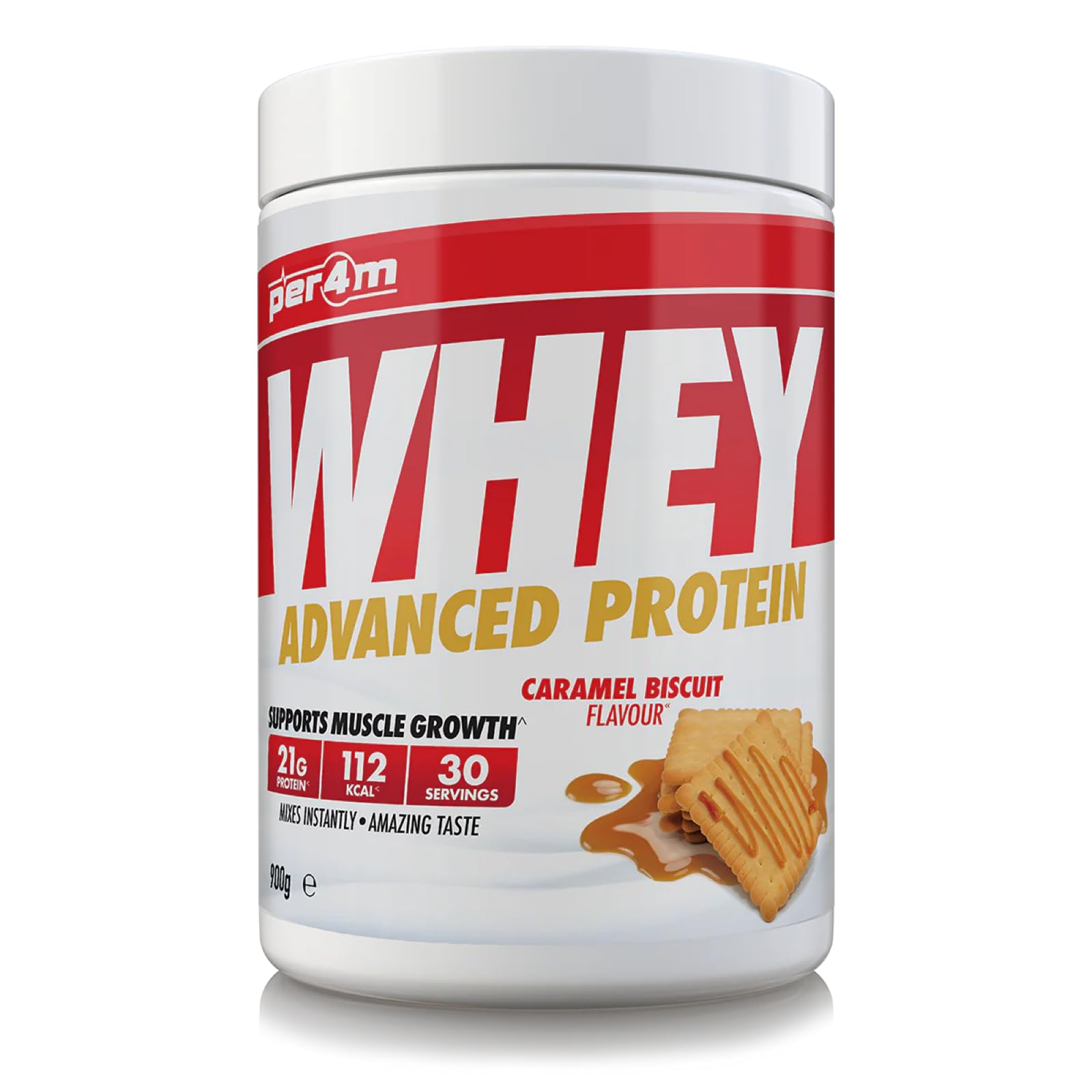 per4mProtein Whey Powder | 30 Servings of High Protein Shake with Amino Acids | for Optimal Nutrition When Training | Low Sugar Gym Supplements (Caramel Biscuit, 900g)